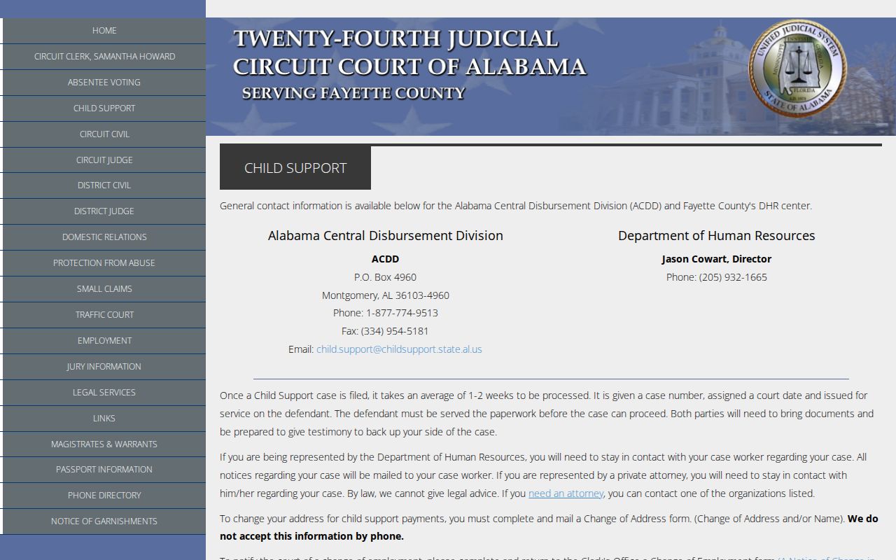 Fayette County civil docket child support processing and settings