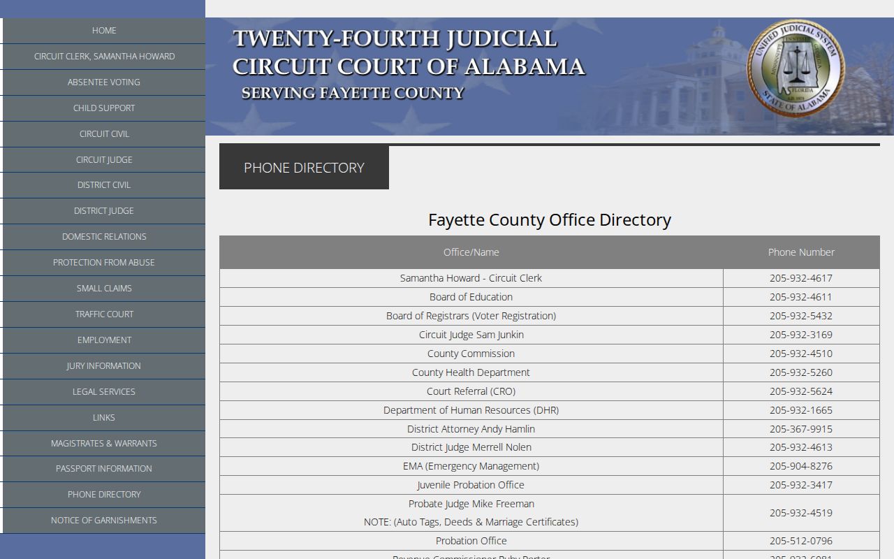 Official Fayette County court phone directory and courthouse contact information