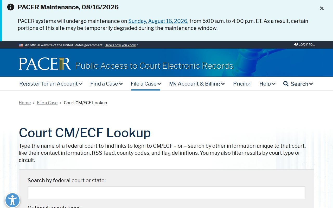 Fayette County federal case lookup through the official CM ECF court selector